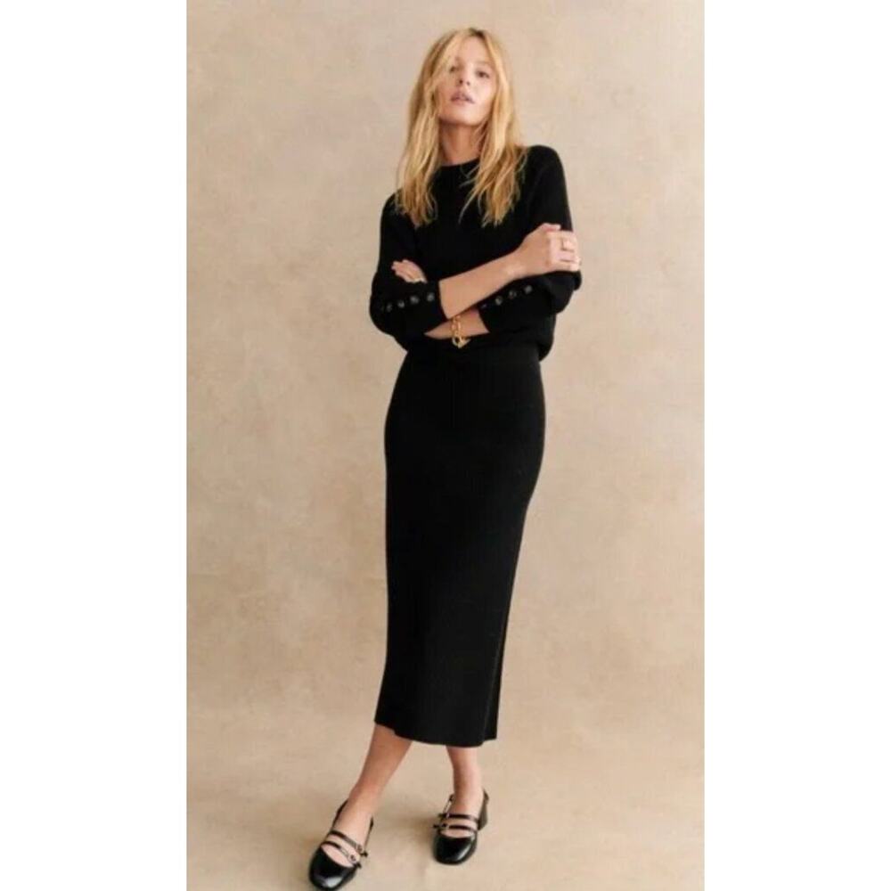 SEZANE XS Black Naelle Ribbed A-Line Midi Sweater Skirt Merino Wool Cotton NWT - Picture 5 of 9